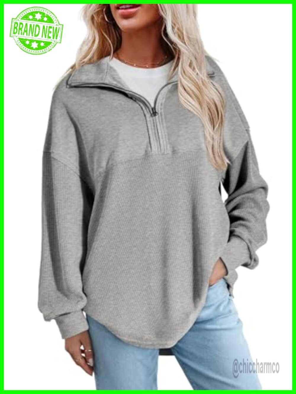 Women Half Zip Oversized Sweatshirt Drop Shoulder Long Sleeve Pullover Top